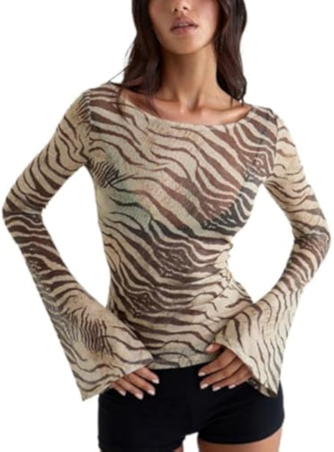 Animal Print Tops for Women Zebra Print See Through T Shirt Long Sleeve Y2K Aesthetic Going Out Tops