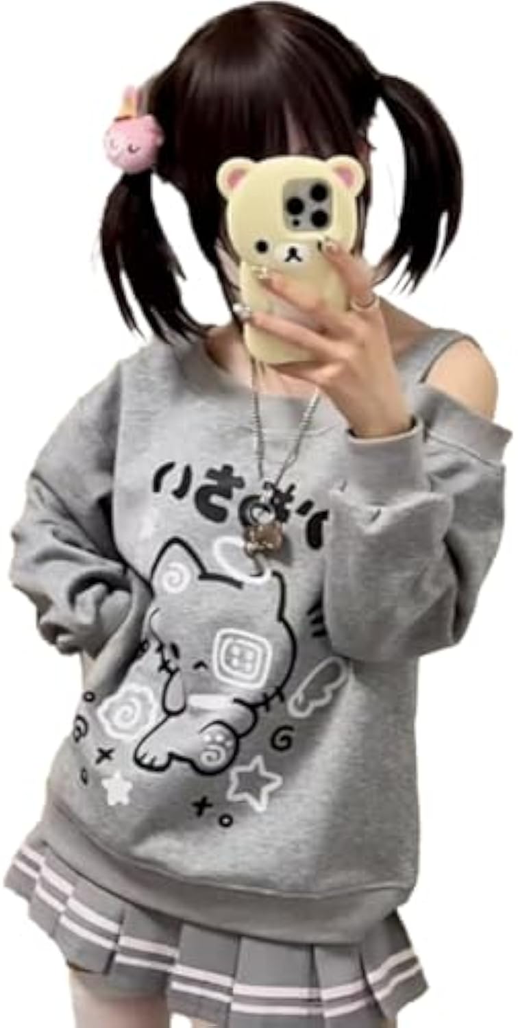 Y2K Off Shoulder Kawaii Cute Graphic Casual Long Sleeves Hrajuku Tops Cat Print Pullover s