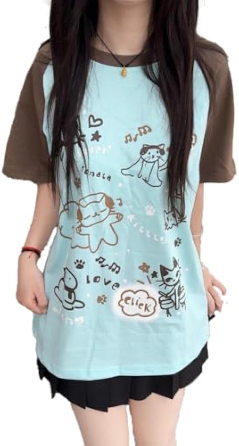 Y2K Kawaii Cute Cat Print T-Shirts for Women Patchwork Harajuku Oversize Top Round Neck Cutecore Tee Tops