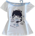 Y2K Kawaii Cartoon Printed Off Shoulder Women's Short Sleeved Cute Anime Graphic Casual Loose T-Shirt