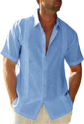 Mens Short Sleeve Cuban Camp Guayabera Shirt Linen Cotton Hippie Beach Button Down Shirts Sky Blue
