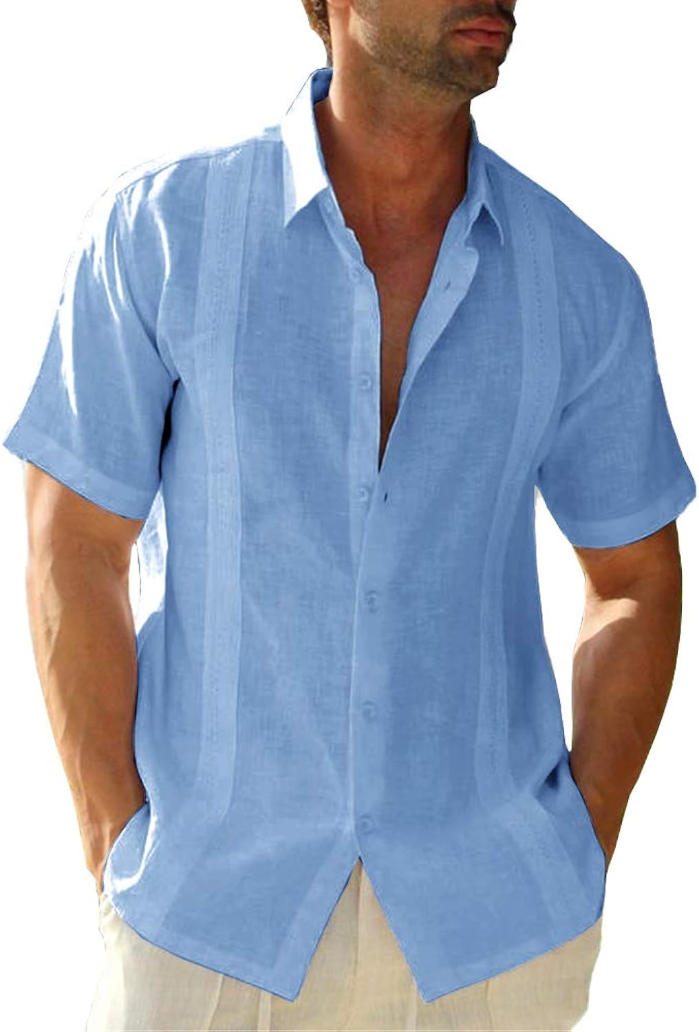Mens Short Sleeve Cuban Camp Guayabera Shirt Linen Cotton Hippie Beach Button Down Shirts Sky Blue