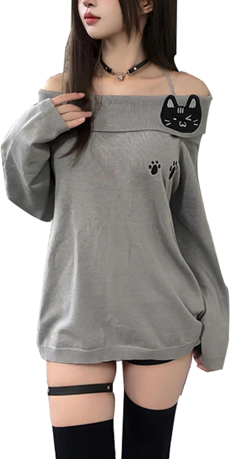 Women Y2K Off Shoulder Strap T-Shirts Cute Graphic Casual Long Sleeves Tops Kawaii Ribbing Trendy Outfits