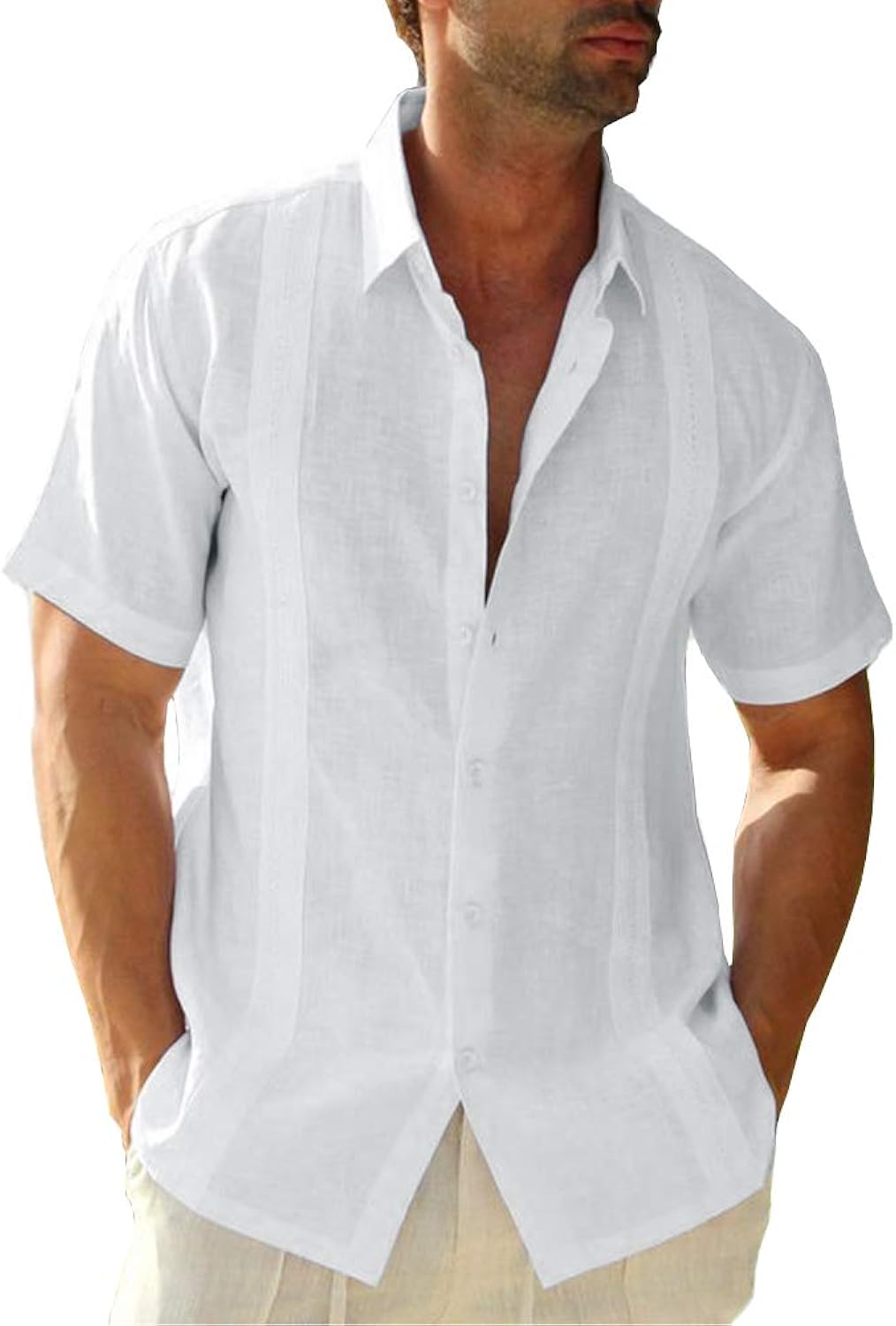 Mens Short Sleeve Cuban Camp Guayabera Shirt Linen Cotton Hippie Beach Button Down Shirts White