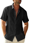 Mens Short Sleeve Cuban Camp Guayabera Shirt Linen Cotton Hippie Beach Button Down Shirts Black