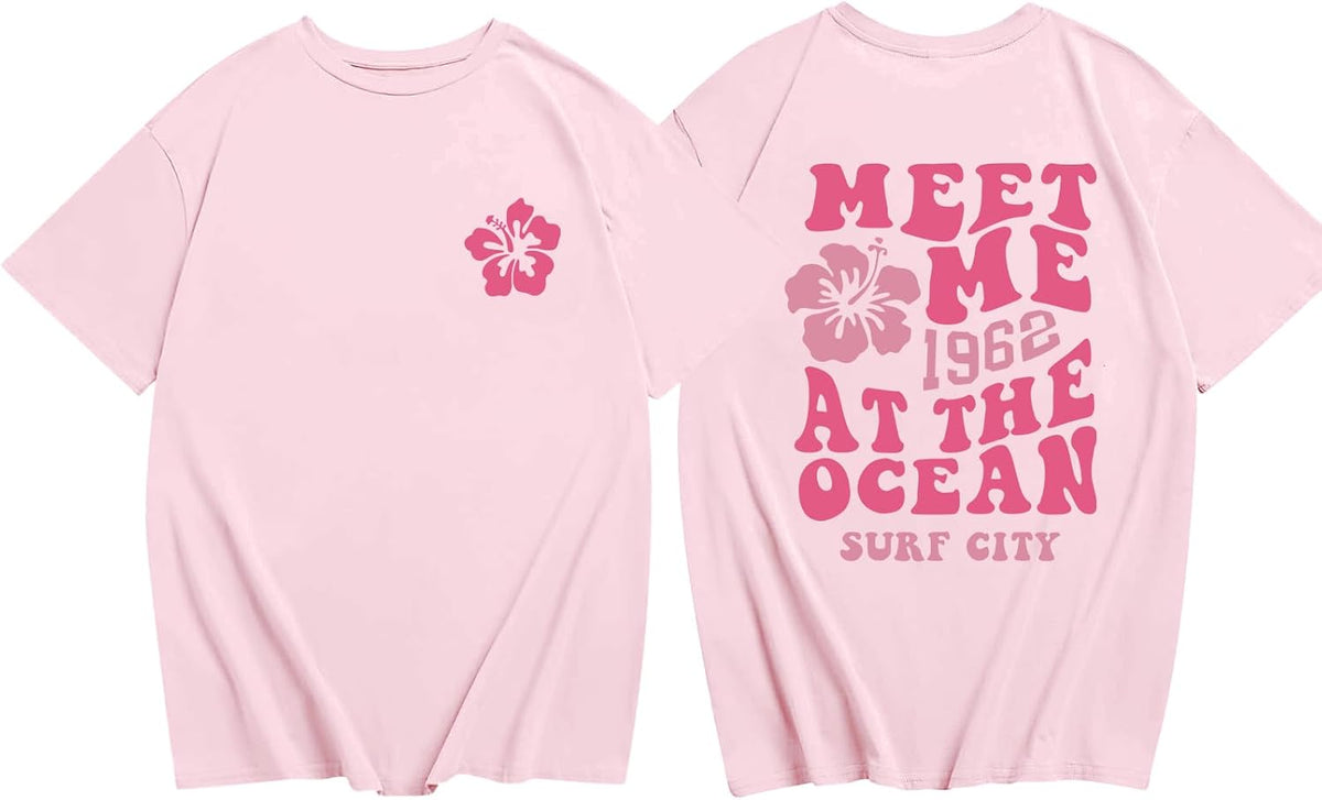 Cute Hawaiian Beach T Shirts for Girls Kids Aesthetic Pink Hibiscus Flower Shirt Oversized Summer Graphic Tee Tops