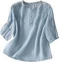 Linen Shirt for Women Flowy Embroidered Cotton Peasant Tops Summer Retro 3/4 Sleeve Boho Blouse Loose Casual Vacation Tunics