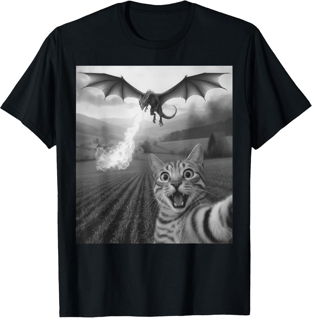 Funny Cat Selfie with Dragon Kawaii Fantasy Creature Art T-Shirt