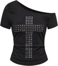 Women's Plus Size Y2k Off The Shoulder Top Cross Rivet Punk Short Sleeve T Shirt Going Out Tops Streetwear