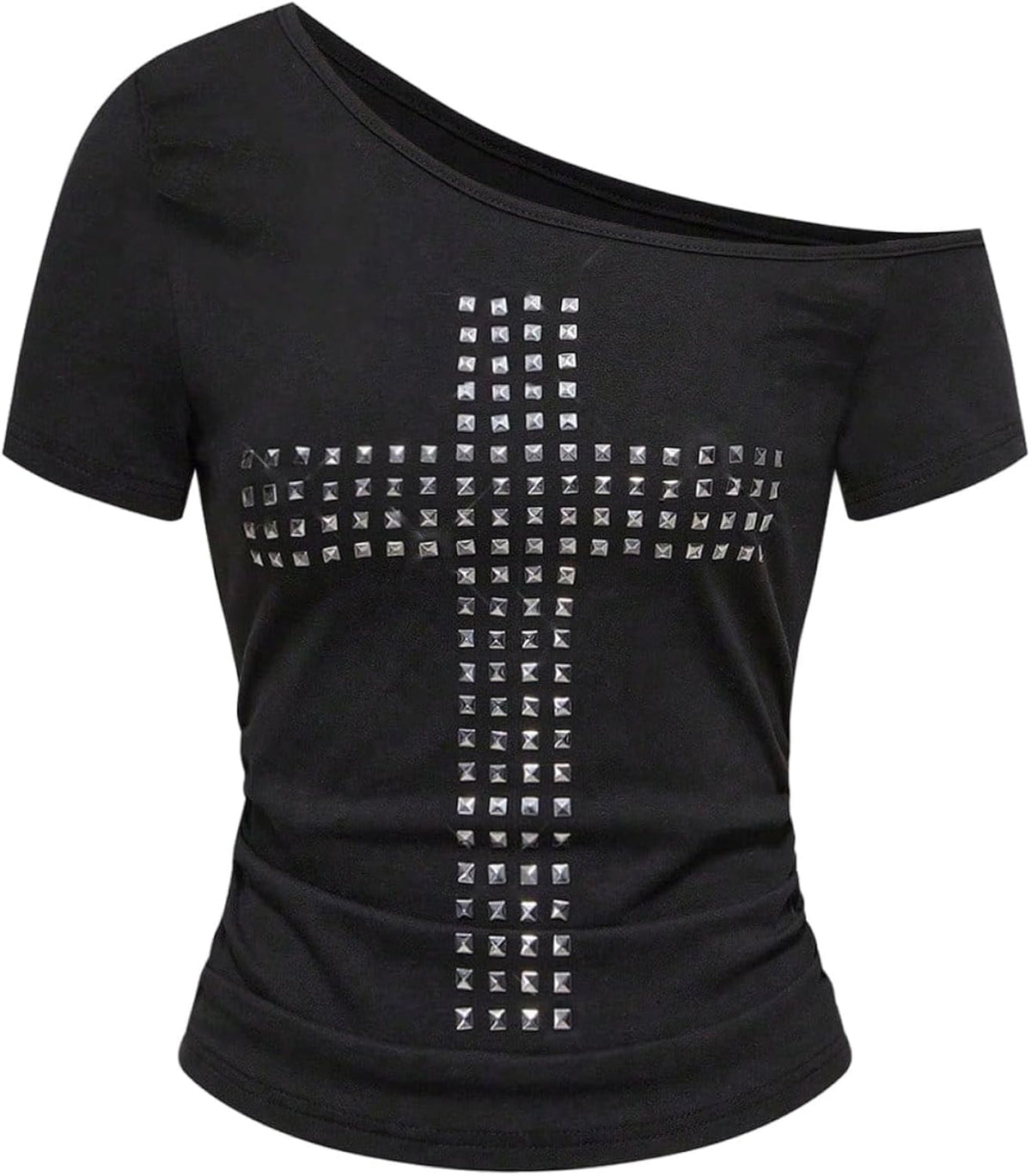 Women's Plus Size Y2k Off The Shoulder Top Cross Rivet Punk Short Sleeve T Shirt Going Out Tops Streetwear