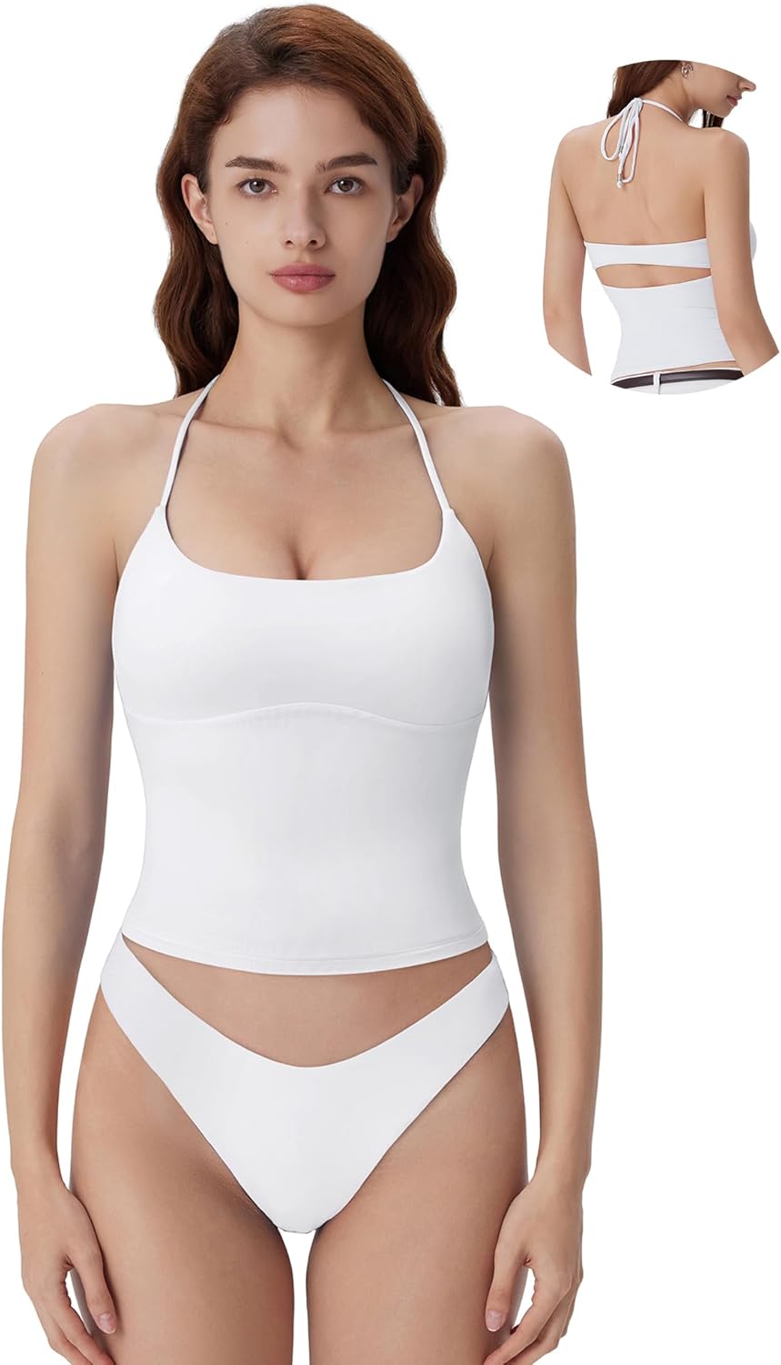 Halter Tops for Women Tank Tops with Built in Bras Double Lined Open Back Y2K Going Out Camisole