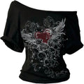 Women's Goth Graphic Tees Off The Shoulder T Shirt Short Sleeve Trendy Tops