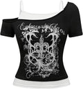 Women's Y2k Goth Graphic Tees Cold Shoulder Short Sleeve T Shirt Color Block Summer Tops