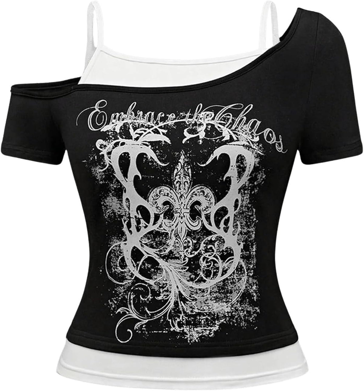 Women's Y2k Goth Graphic Tees Cold Shoulder Short Sleeve T Shirt Color Block Summer Tops