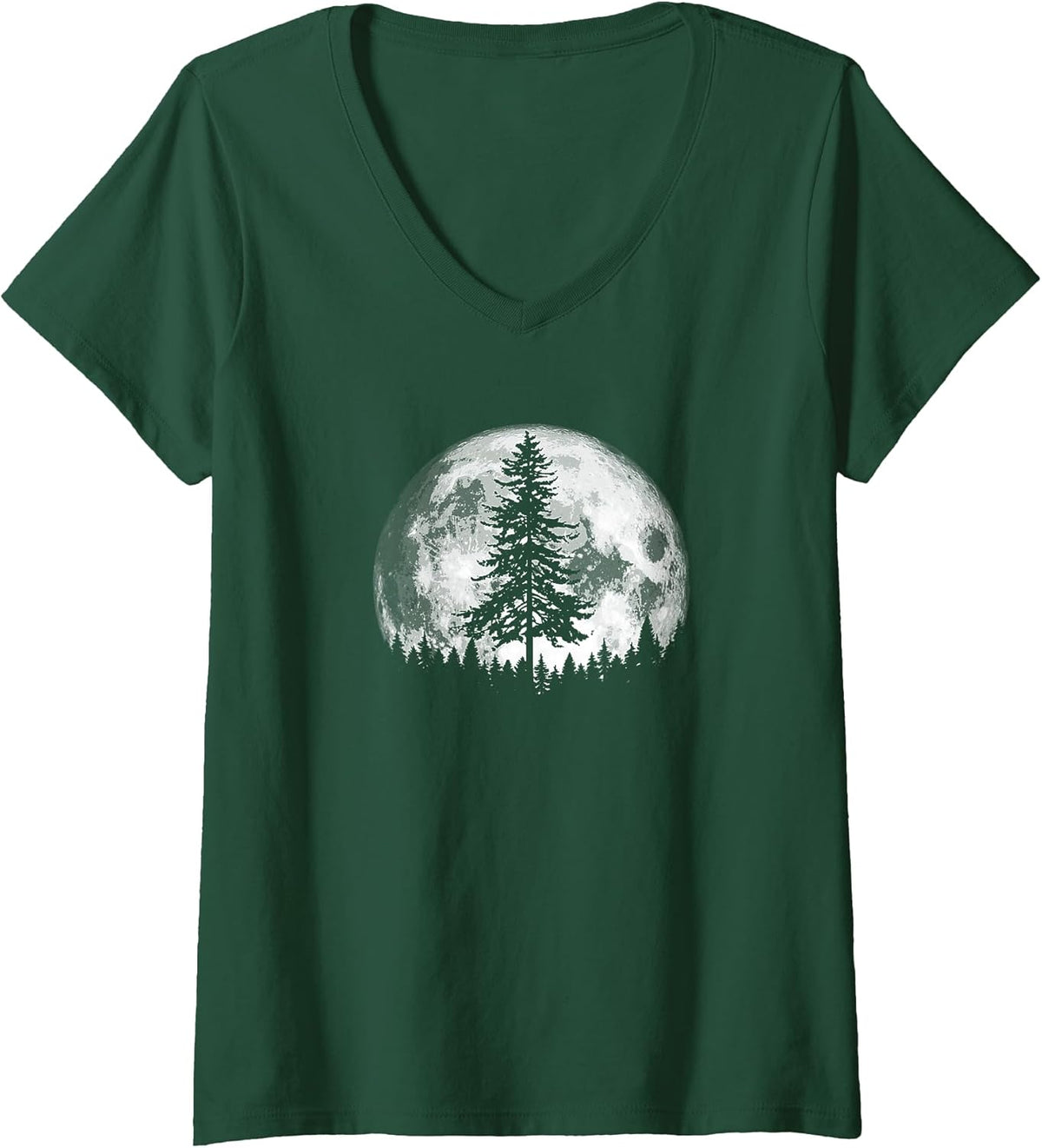 Womens Retro Full Moon & Minimalist Pine Tree Vintage Graphic V-Neck T-Shirt
