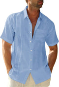 Mens Short Sleeve Cuban Camp Guayabera Shirt Linen Cotton Hippie Beach Button Down Shirts