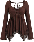 Women's Y2k Long Sleeve Babydoll Tops Goth Lace Trim Peplum Shirt Tie Back Ruffle Hem Asymmetrical Going Out Top