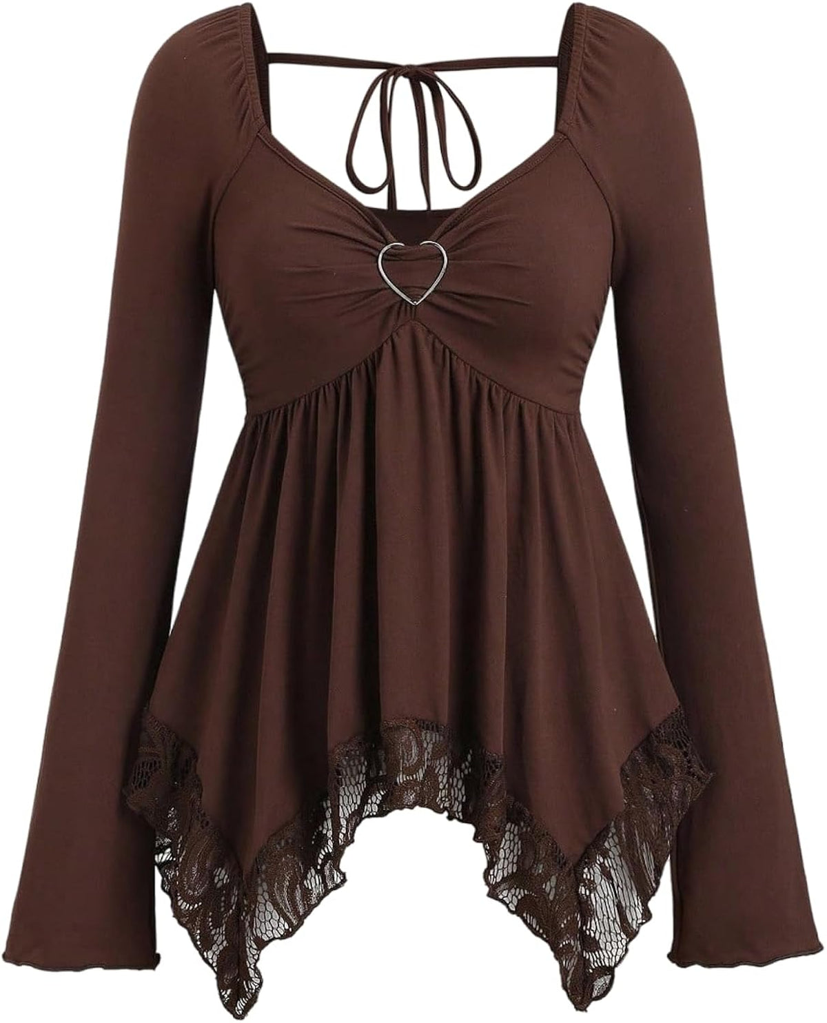 Women's Y2k Long Sleeve Babydoll Tops Goth Lace Trim Peplum Shirt Tie Back Ruffle Hem Asymmetrical Going Out Top