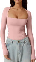Women's Sexy Square Neck Shirt Long Sleeve Double Lined Tees Fitted Going Out Tops