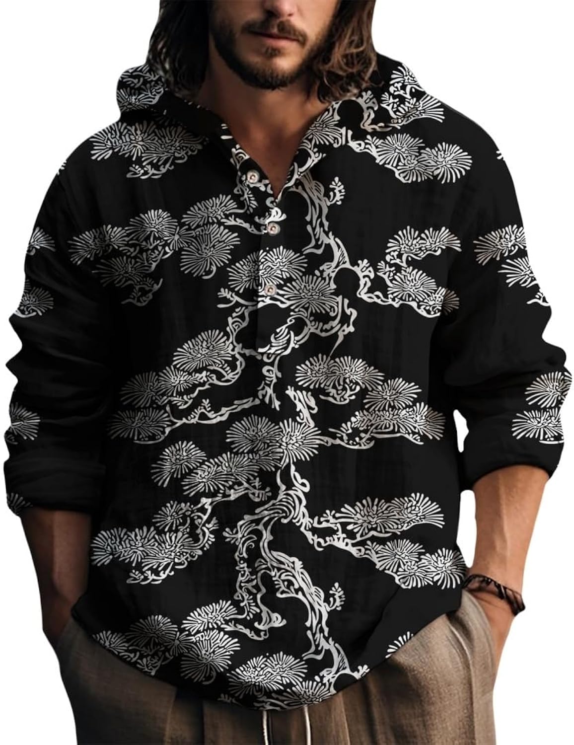 Japanese Style Long Sleeve Hooded Shirts Button Down Shirt Casual Tops for Spring Fall Hawaiian Beach Yoga Tshirts