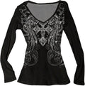 Women's Rhinestone Graphic Tees Long Sleeve Y2K Gothic T Shirts V Neck 2000s Fall Outfits Streetwear
