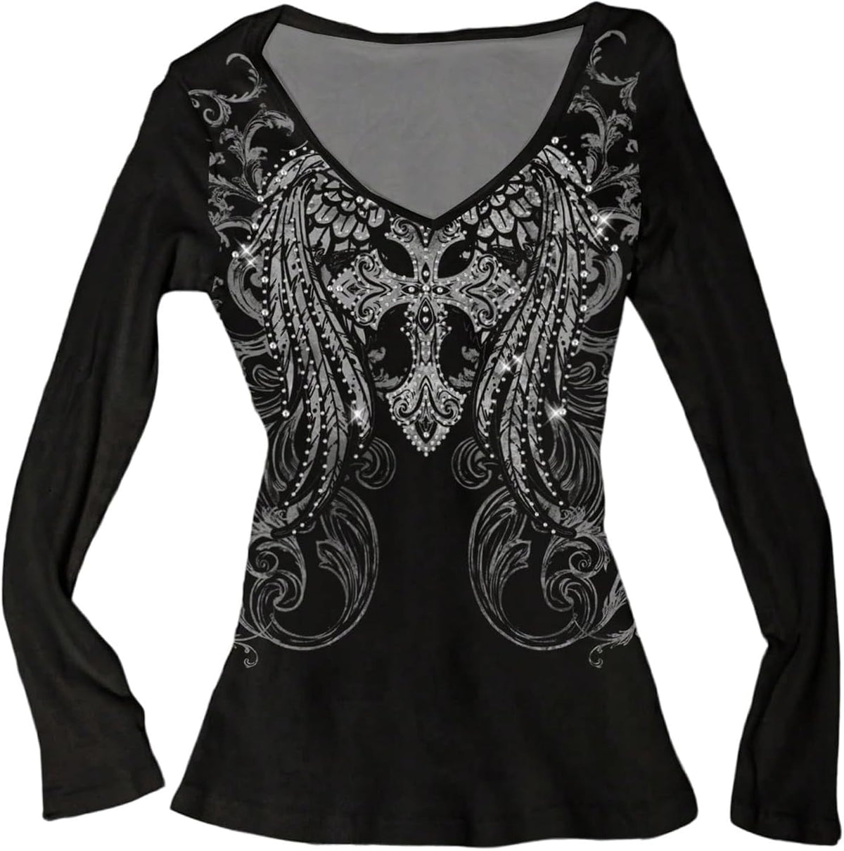 Women's Rhinestone Graphic Tees Long Sleeve Y2K Gothic T Shirts V Neck 2000s Fall Outfits Streetwear