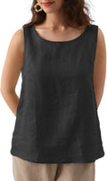 Natural Linen Sleeveless Tank Tops Basic Summer Casual Crewneck Blouse
