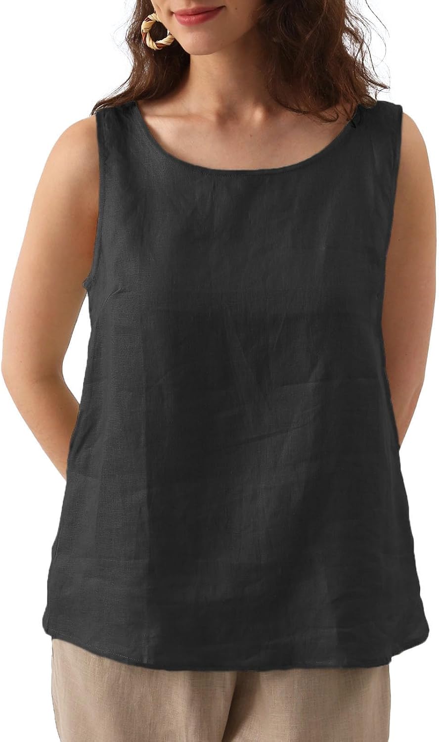 Natural Linen Sleeveless Tank Tops Basic Summer Casual Crewneck Blouse