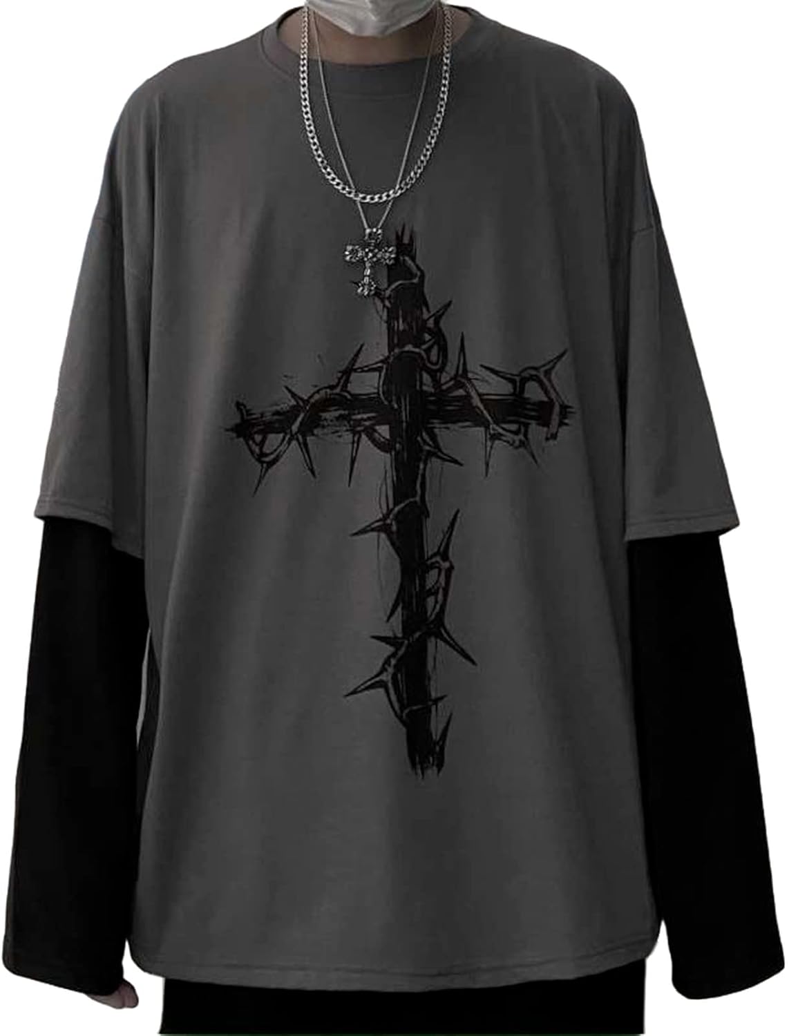 Men Women Gothic Long Sleeve Top Graphic Tee – Emo Y2K Grunge Streetwear Shirt Thorn Cross Print Punk