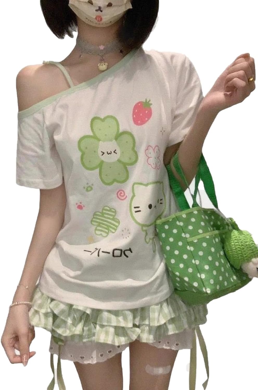 Y2K Harajuku Cartoon Print T-Shirts Gothic Women Cutecore Shirt Fashion Off Shoulder T Shirt Kawaii Sweet Girls Tees Tops