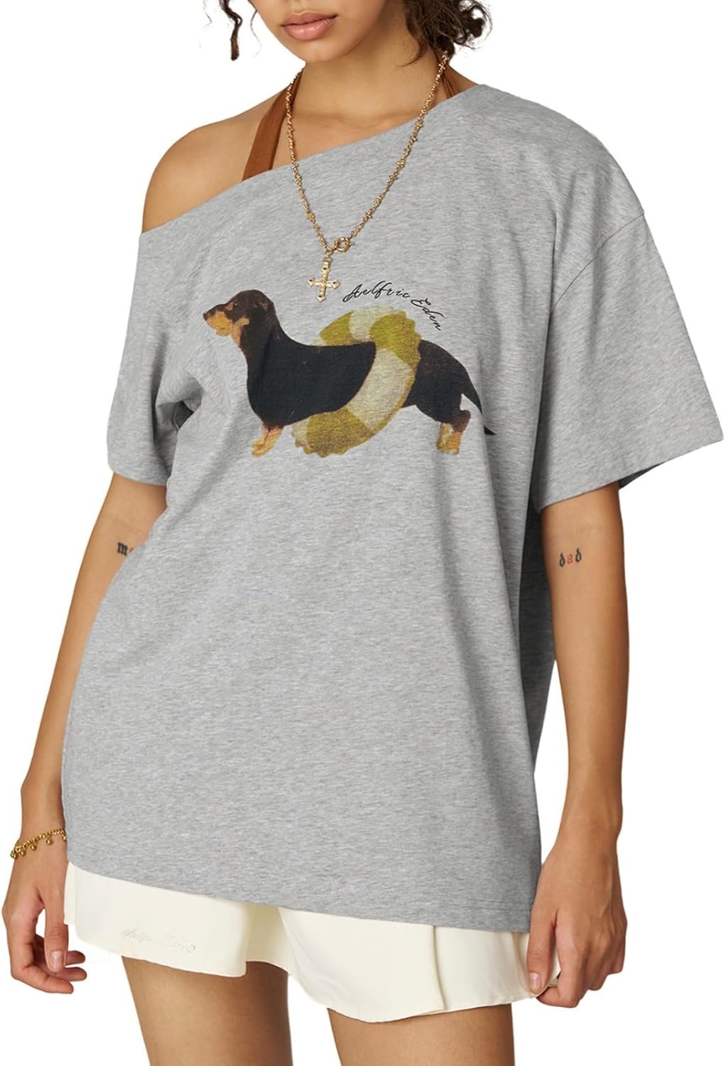 Dachshund Off The Shoulder Tshirts Women's Oversized Graphic Tees Short Sleeve Summer Cute T Shirts Y2K Tops