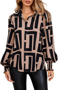 Women's Graphic Print Long Lantern Sleeve Collar Neck Button Front Blouse Shirt Top