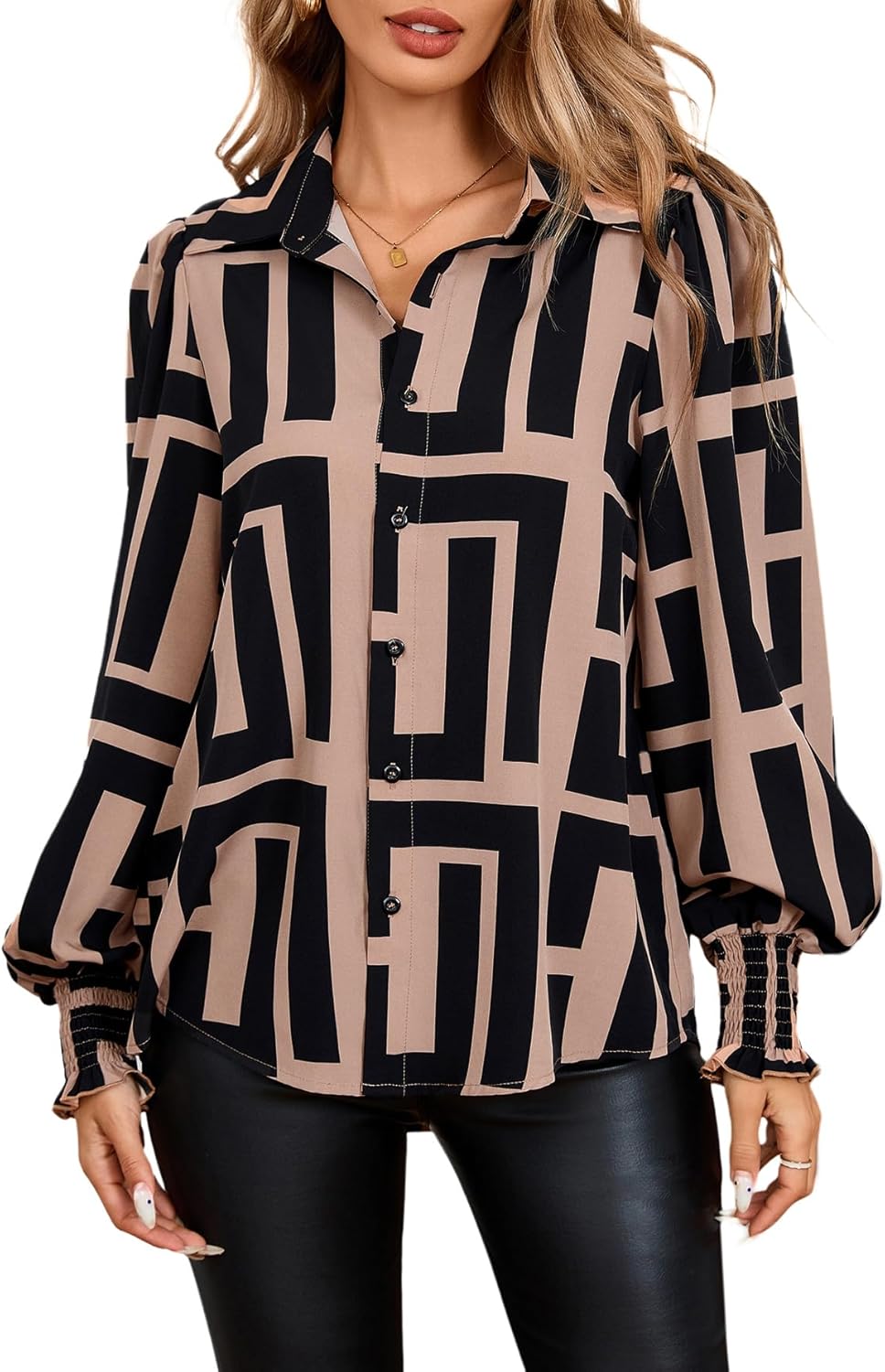 Women's Graphic Print Long Lantern Sleeve Collar Neck Button Front Blouse Shirt Top