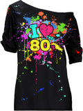 80s Costume Outfit for Woman Love Off The Shoulder T Shirts Novelty Neon Top Clothes for Costume Mid Sleeve Length(5XL)