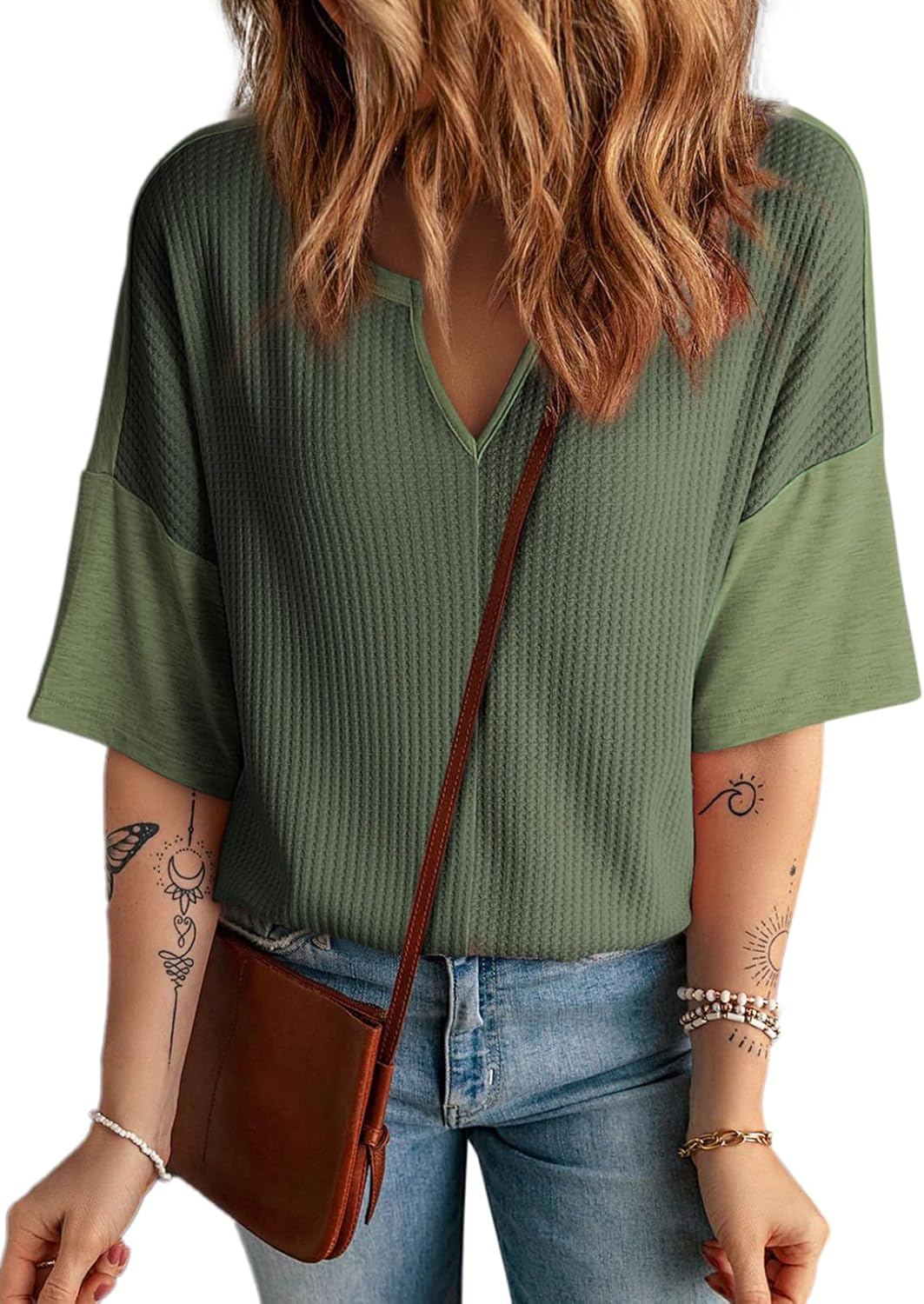 Womens Summer Tops Fashion 2026 Half Sleeve Waffle Knit Shirts Casual V Neck Colorblock Patchwork Blouse