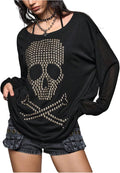 Women's Skull Rivets Tees Grunge Punk Oversized Scoop Neck Long Sleeve Tshirts Streetwear