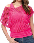 Women's Casual Sexy Off Shoulder T-Shirt 80s 90s Outfit 80's Costume Fishnet Neon Shirt Summer Short Sleeve