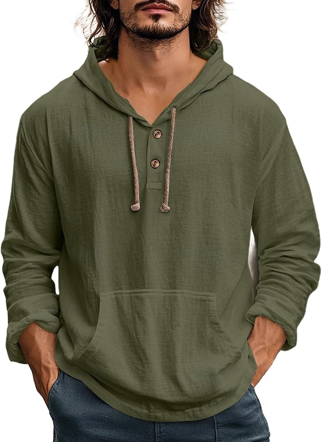 Long Sleeve Hooded Henley Shirts for Men Vintage Retro 3 Button Light Fashion Casual Daily Tops with Pocket