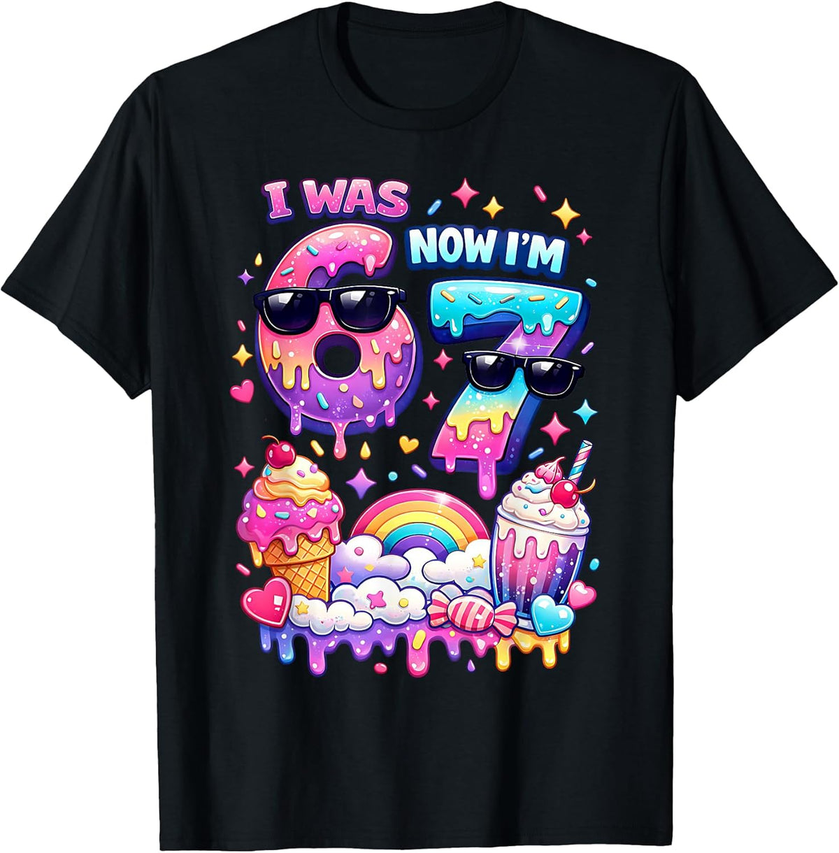 I was 6 Now I'm 7 Ice Cream Dripping 67 Meme Kids Birthday T-Shirt