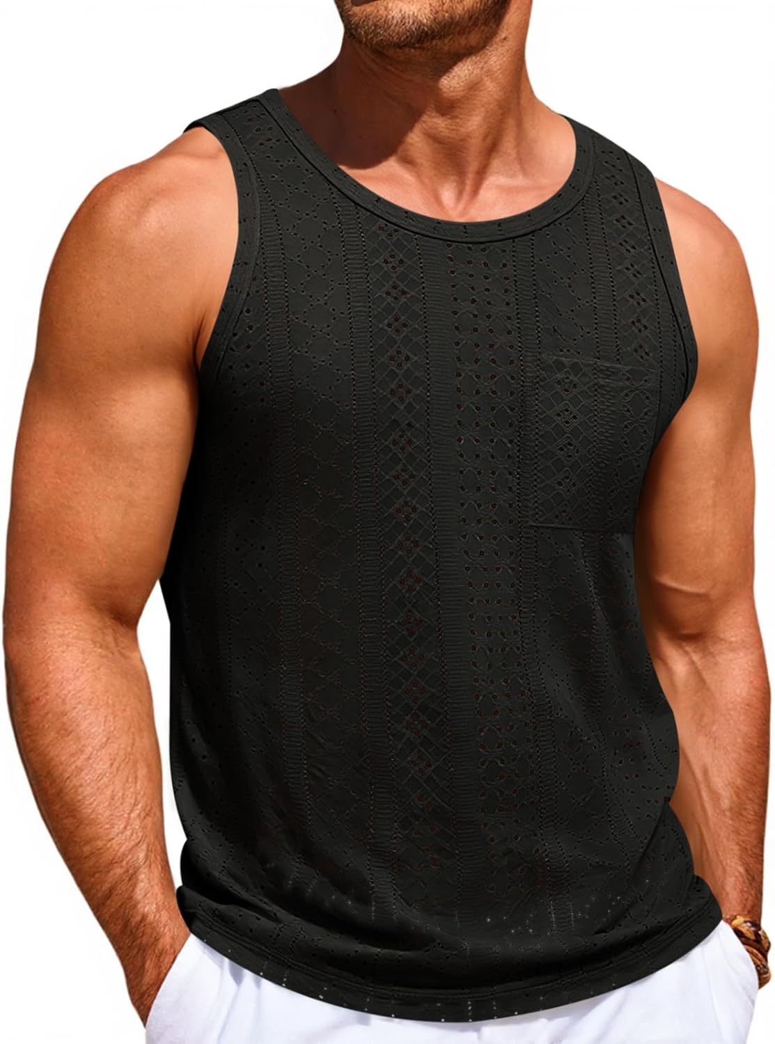 Mens Tank Tops Casual Sleeveless Hollow Out T-Shirts Muscle Summer Beach Hippie Shirts with Pocket