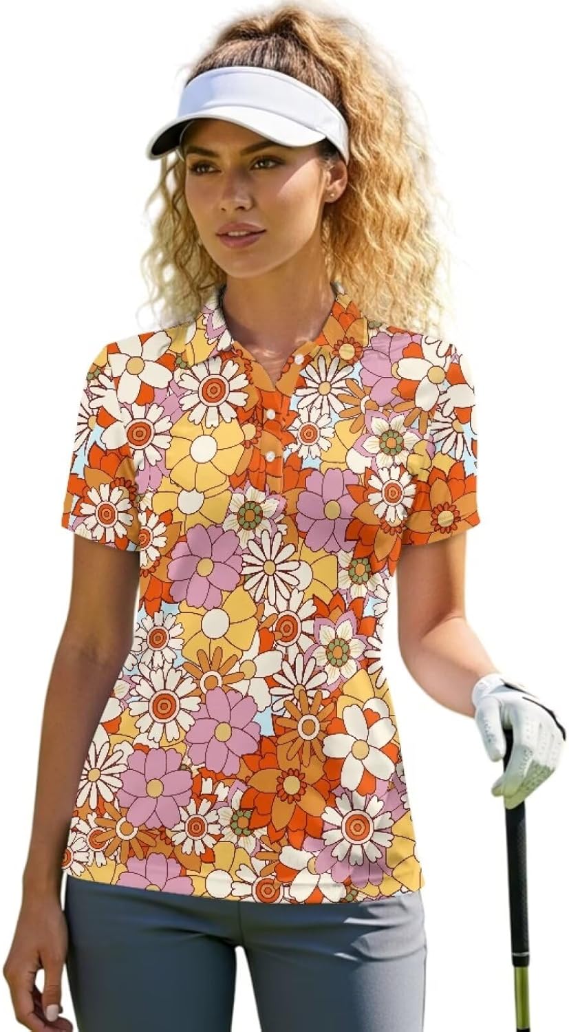 Womens Golf Shirts Collared Short Sleeve T Shirt Lightweight Moisture Wicking Casual 3 Buttons Outfits