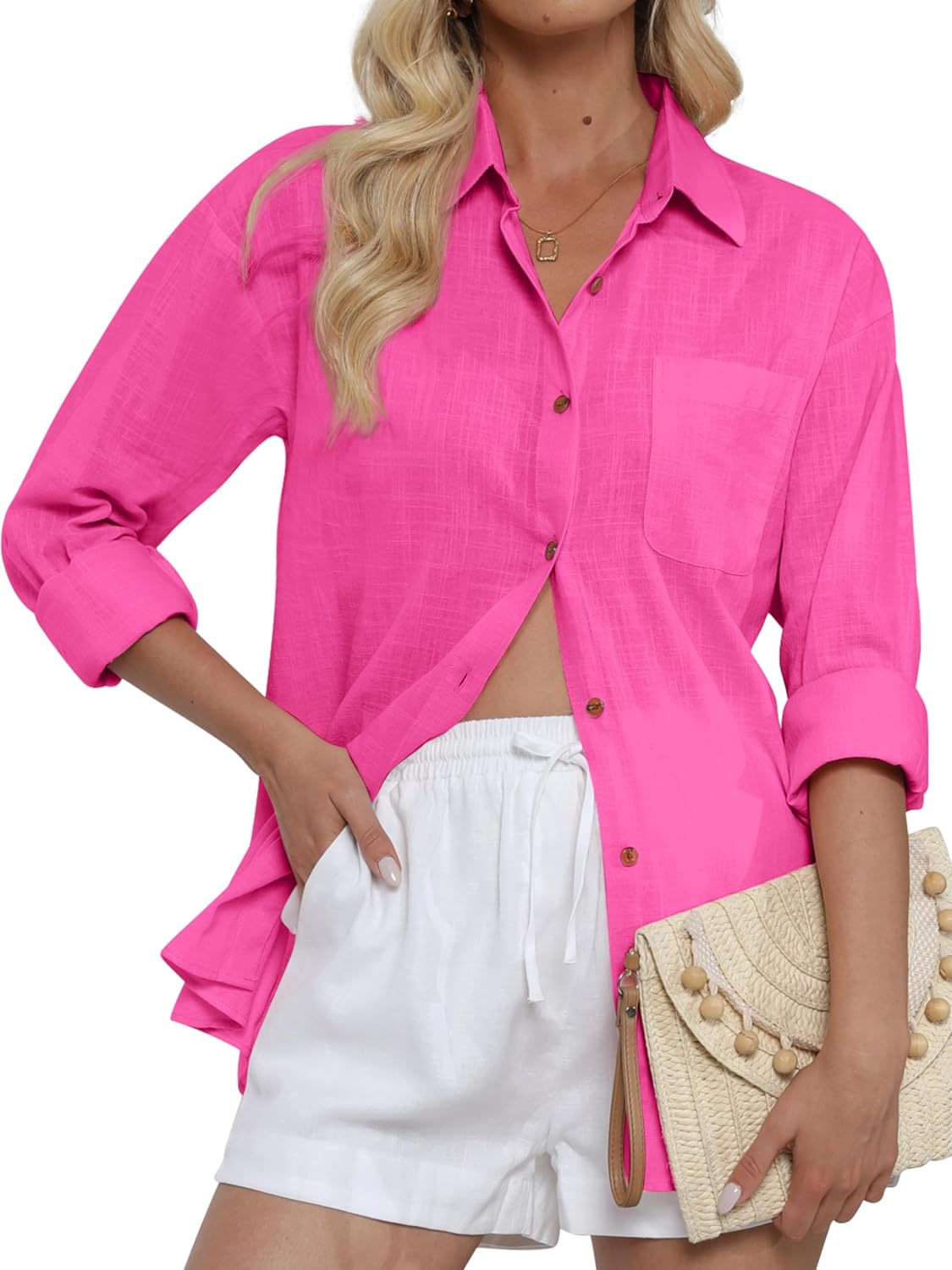 Women's Button Down Shirts Long Sleeve Cotton Summer Beach Wear for Women with Pocket