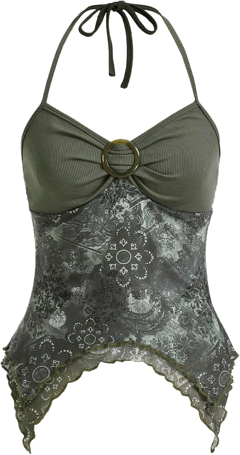 Women's Y2k Halter Top Fairy 2000s Clothing Asymmetrical Going Out Tops Aesthetic Whimsical Clothes