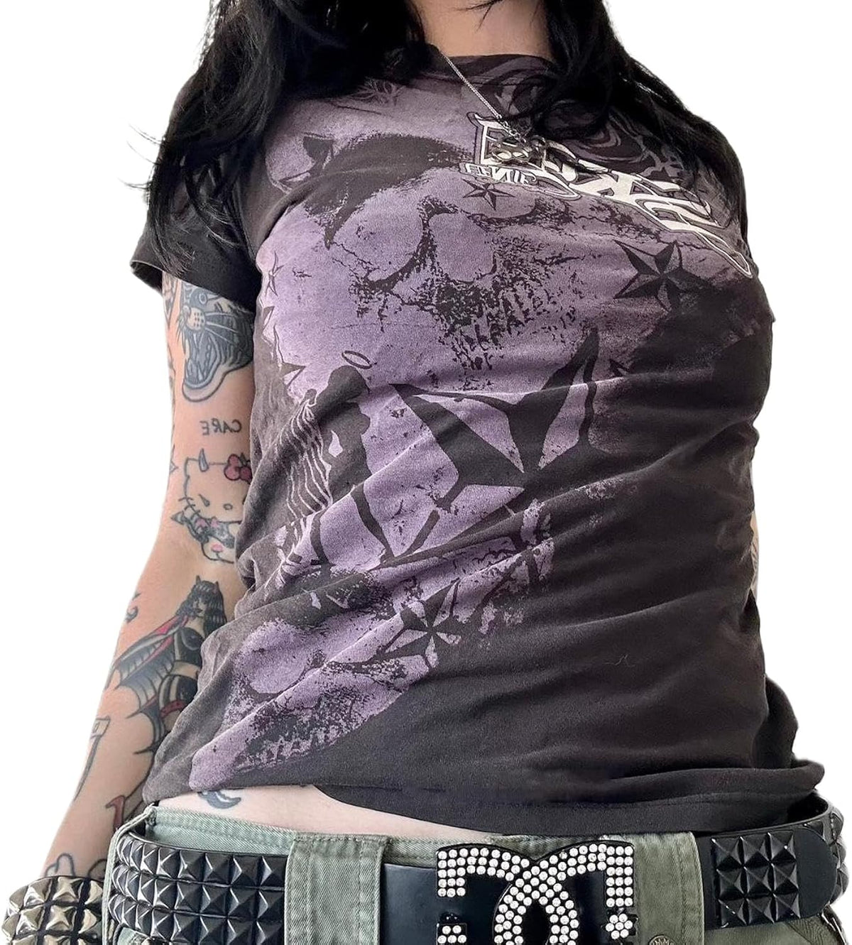 Women Y2K Fairy Grunge T-Shirts Short Sleeve Punk Rock Gothic Skull Graphic Tee Shirt Tops 90s Aesthetic Emo Top
