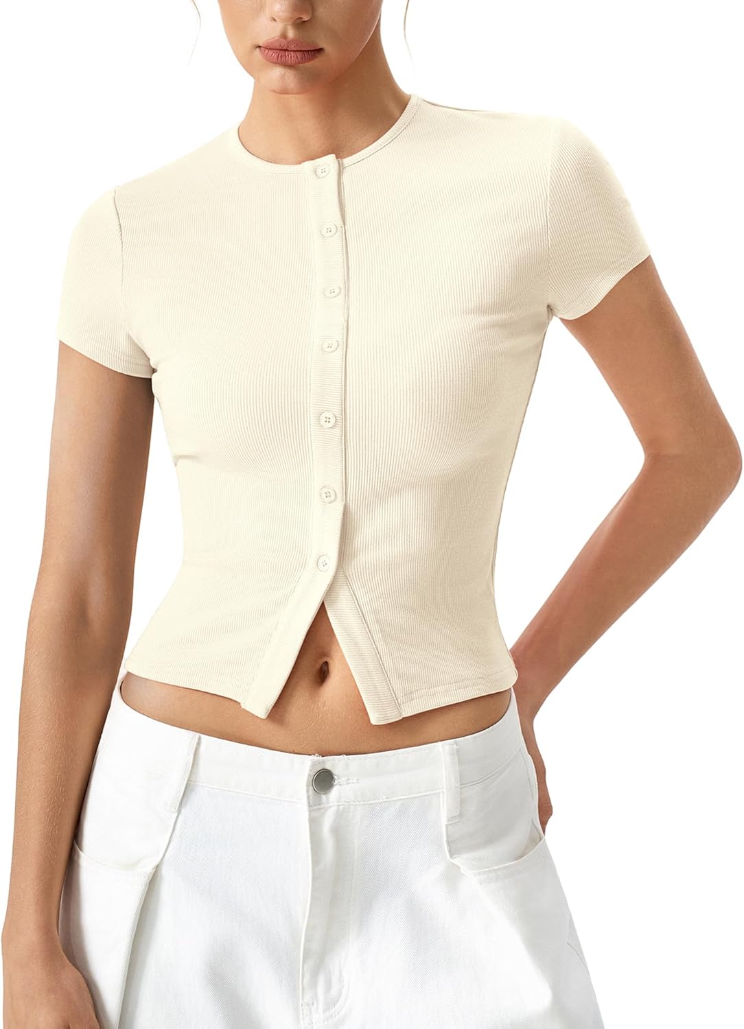 Women's Crewneck Short Sleeve T Shirts Ribbed Button Going Out Trendy Tops