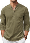 Mens Casual Henley Shirts 3/4 Sleeve Band Collar Cotton Linen Shirt Summer Beach Hippie T-Shirts with Pocket