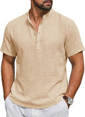 Mens Casual Henley Shirt Short Sleeve Band Collar Textured Shirts Summer Beach Hippie T-Shirts