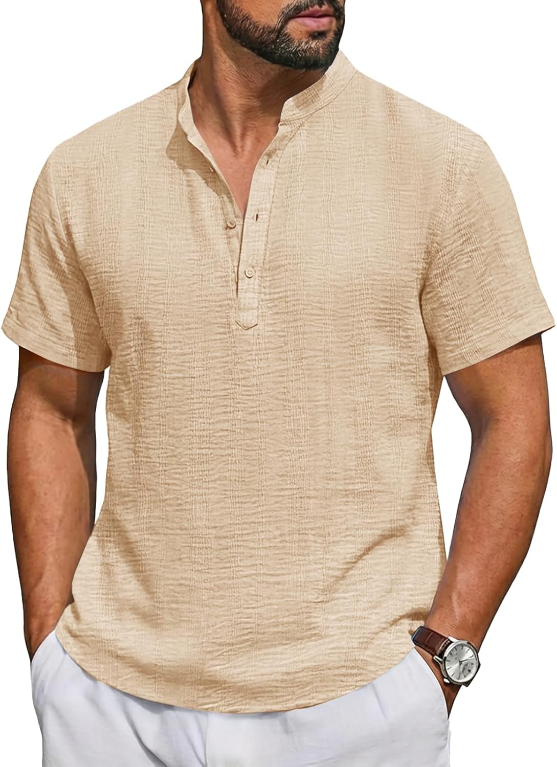 Mens Casual Henley Shirt Short Sleeve Band Collar Textured Shirts Summer Beach Hippie T-Shirts
