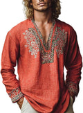 Men's Henley Shirt Long Sleeve African Print Embroidered Gauze Shirts Casual V Neck Cotton Linen Beach Hippie Shirt