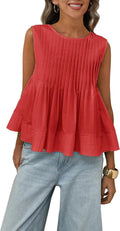 Womens Summer Pleated Peplum Sleeveless Blouse Tank Tops Round Neck Y2K Babydoll Blouse Shirt